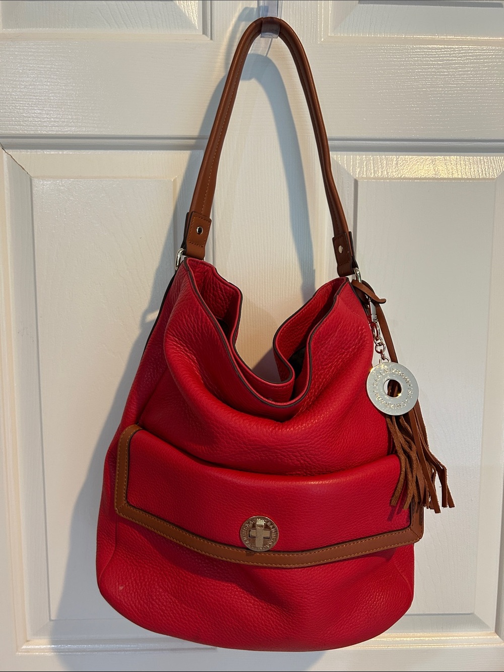 Isaac Mizrahi Red Leather Hobo Shoulder Bag with Brown Trim magnetic closure